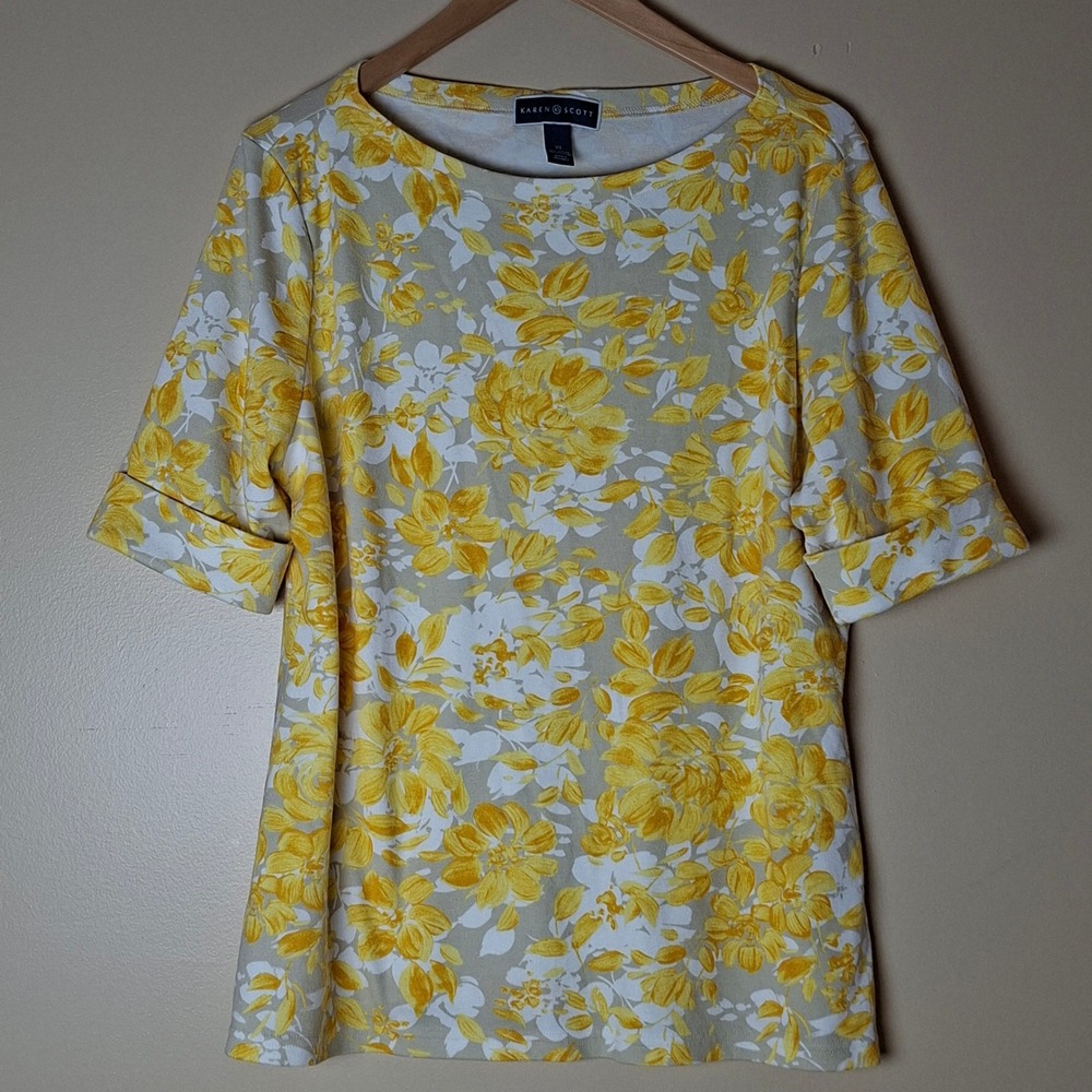 Karen Scott Top XL Yellow Floral Boat Neck Cuffed Short Sleeve Knit Shirt